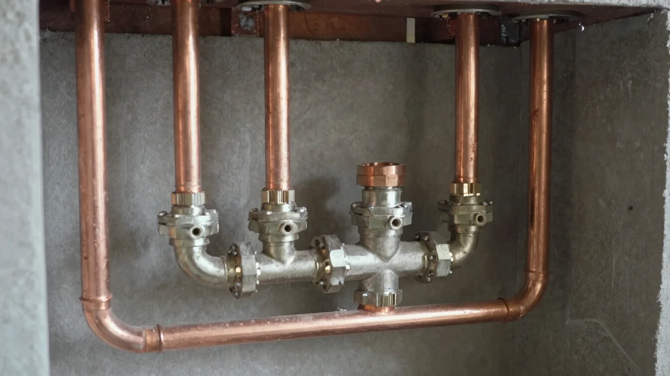 Close technical detail of copper supply pipes and fittings in a p