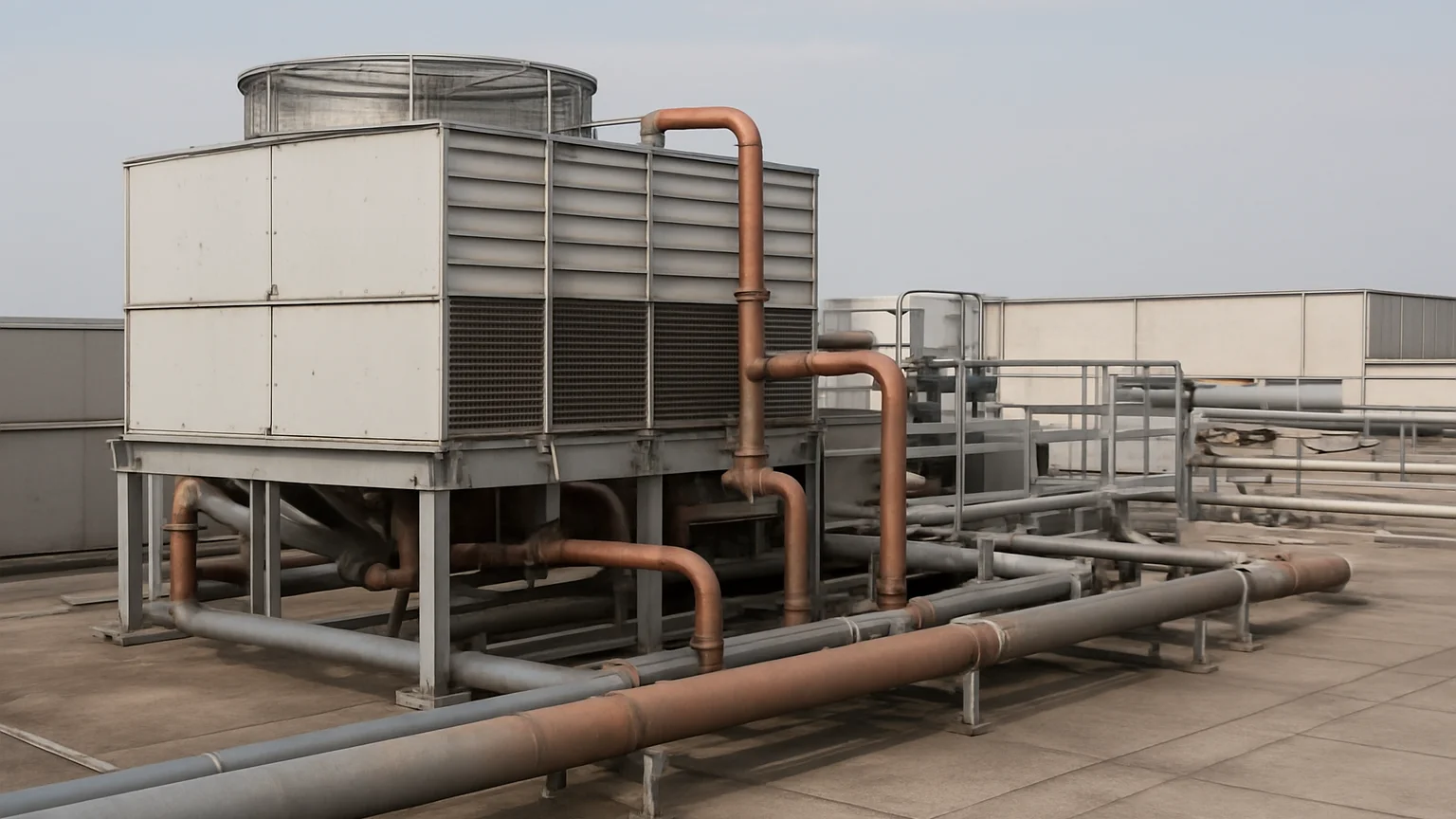 Wide environmental view of a rooftop cooling tower and its connec