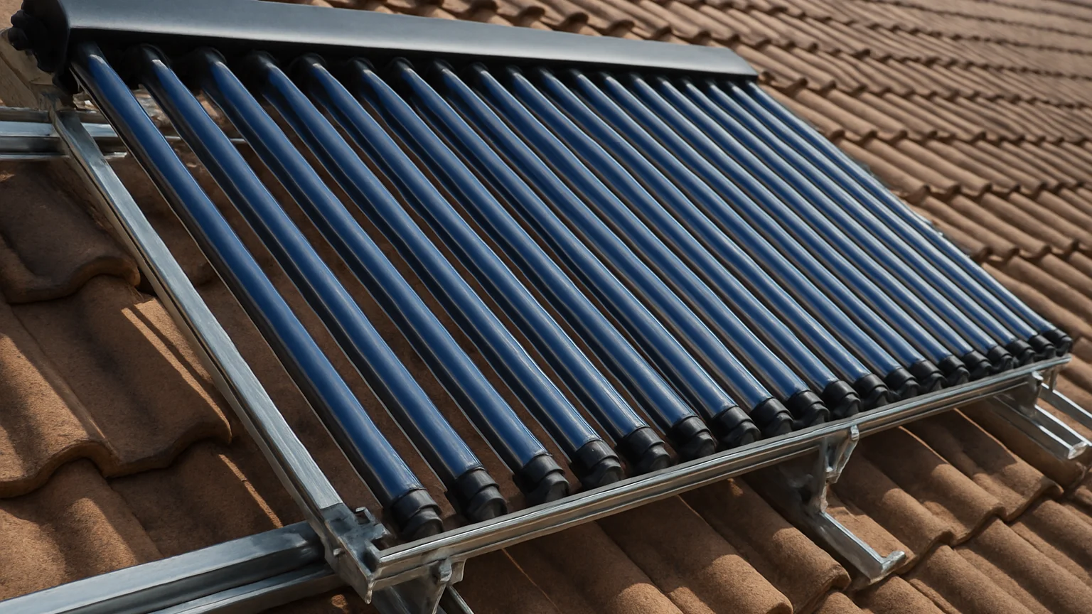 Close view of non-electric solar thermal collector tubes and moun
