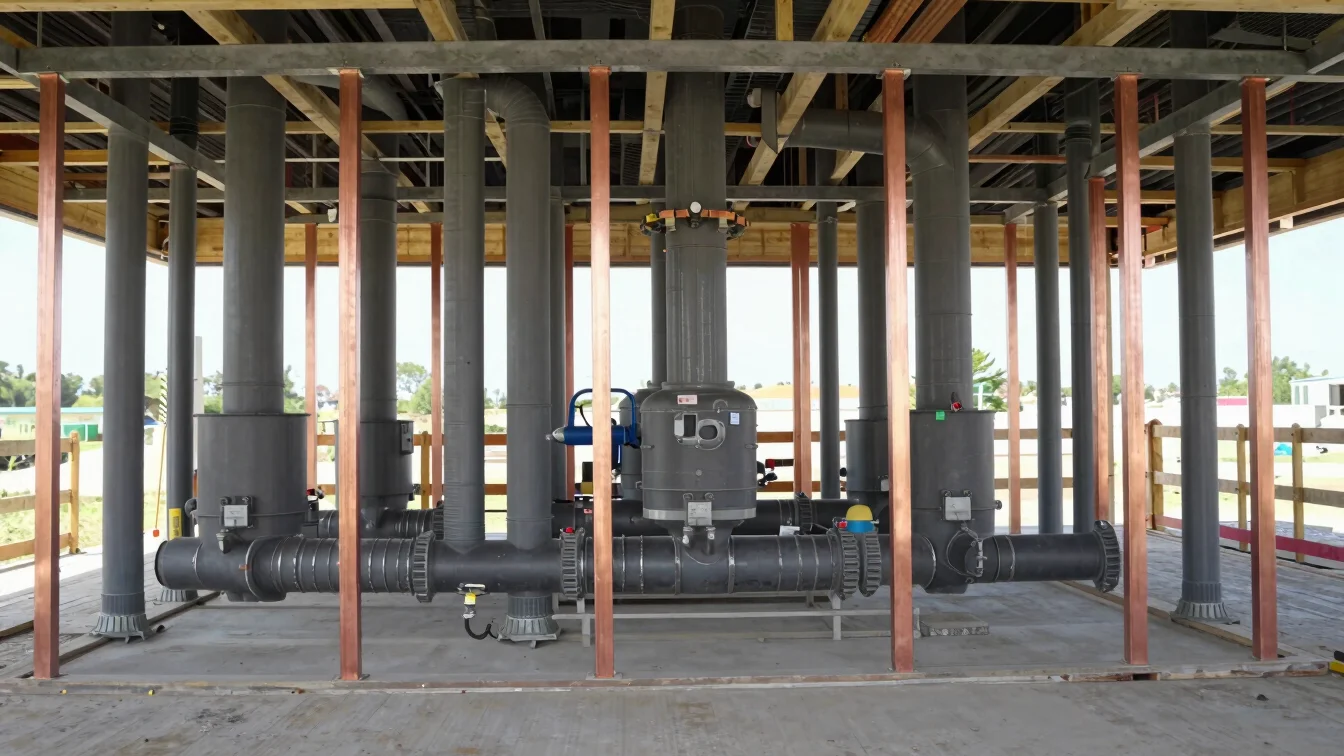 Documentary construction photograph, mechanical room with ducting