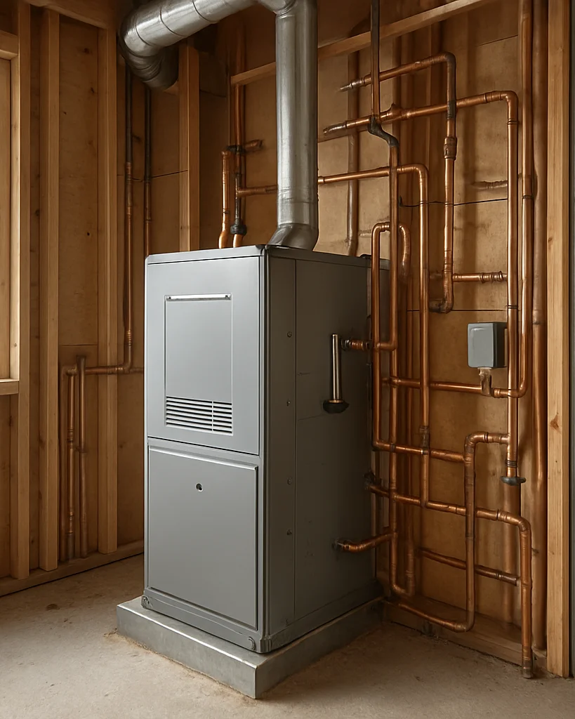 Documentary construction photograph of a gas furnace and copper p