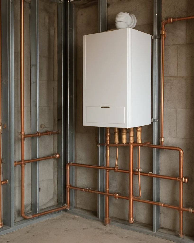 Documentary construction photograph in clear natural daylight of copper piping and a wall-mounted gas heating unit being